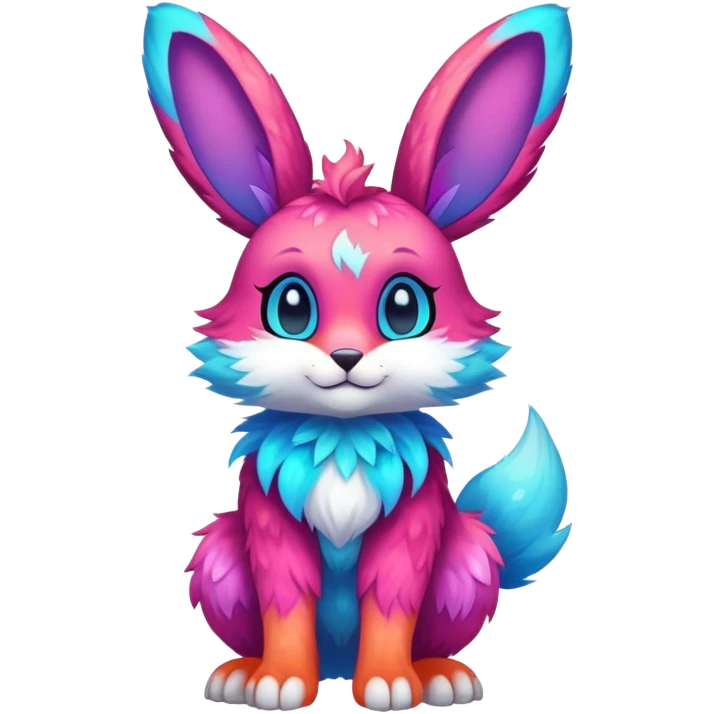 Vibrant multicolored neon-colored Falvie-Fionbri-creature-sparkle-rabbit-hybrid-fursona, full body, fur pattern-markings emoji