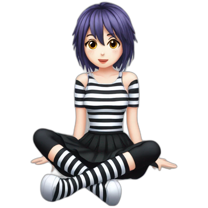 full body Front view emo girl sits on the floor black skirt torn striped stockings emoji