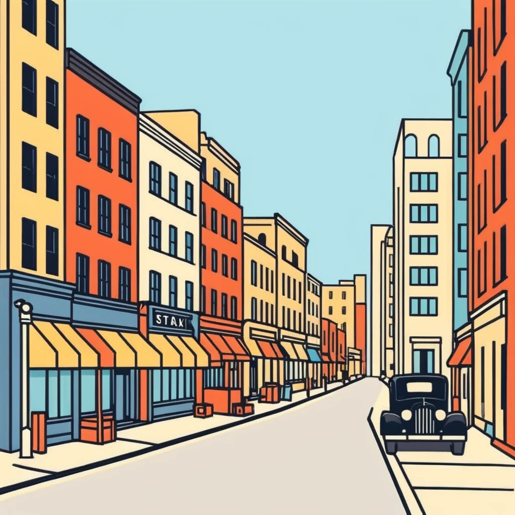 retro 1930s city street scene with anthropomorphised animals in t-shirts and shorts walking, black and white emoji