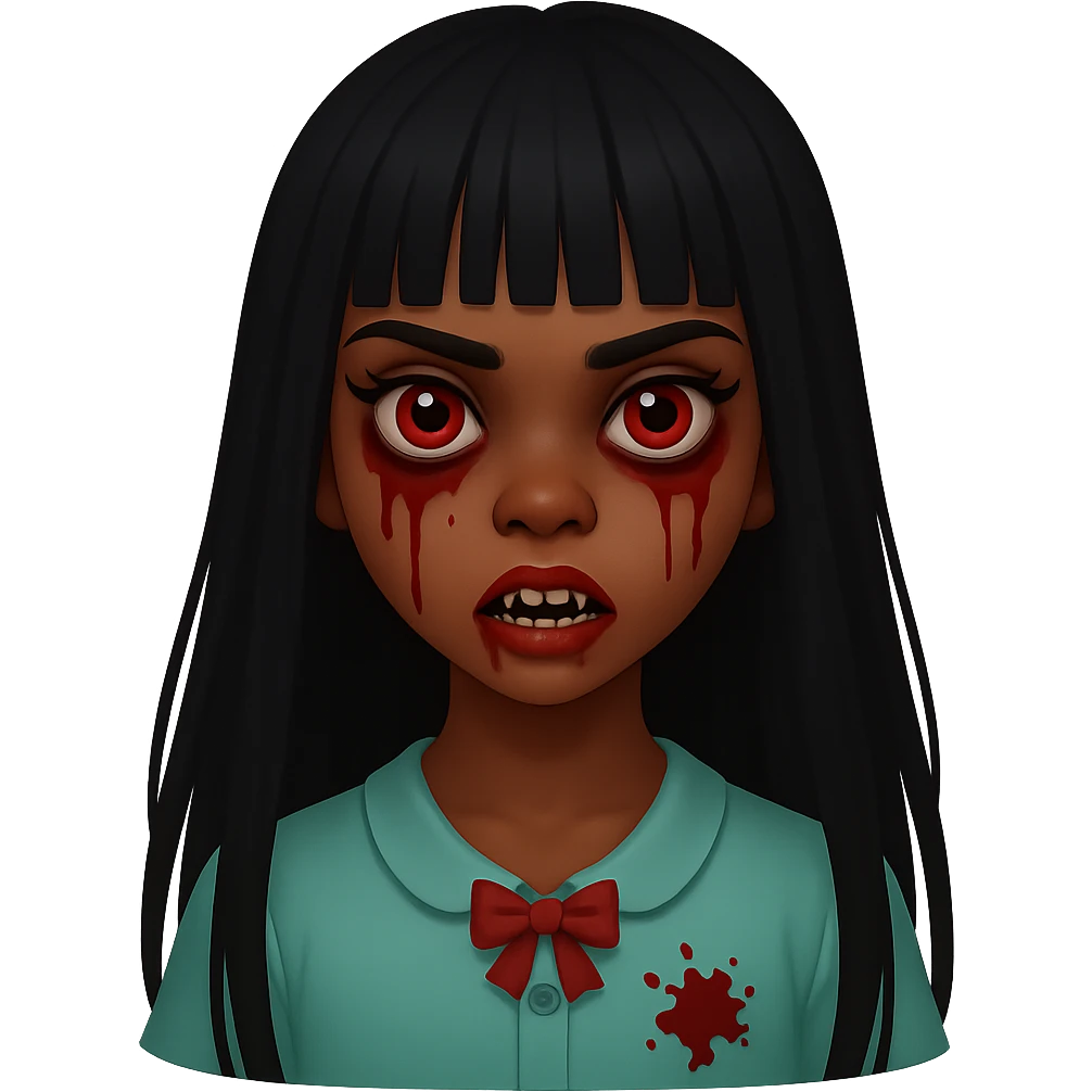 Make the zombie girl have longer hair and brown skin, keep black hair with bangs, no background. The style should resemble the original image's look. emoji