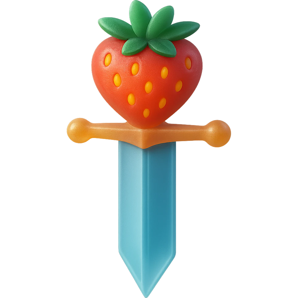Make this sword with a strawberry hilt look more 3D with depth and shading, keeping it playful and vibrant, with no background. emoji