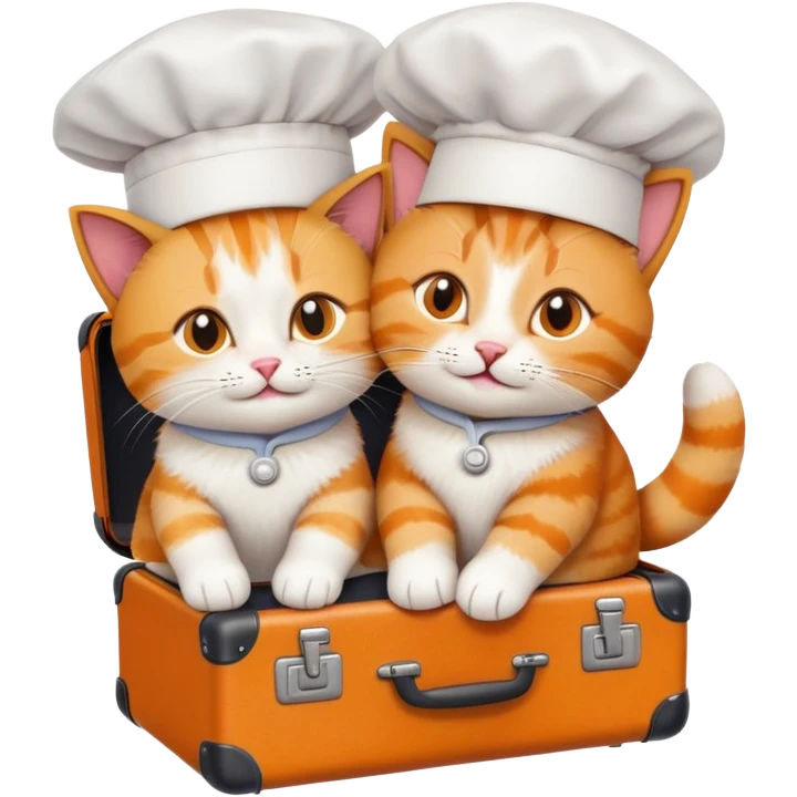 top-down view of one cat in a chef hat hugging another cat without a chef hat, both sitting on a suitcase, emoji style emoji