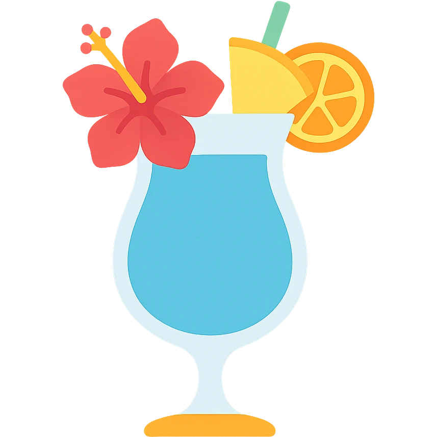 vibrant tropical fruity blue cocktail with hibiscus, pineapple and orange garnishes emoji