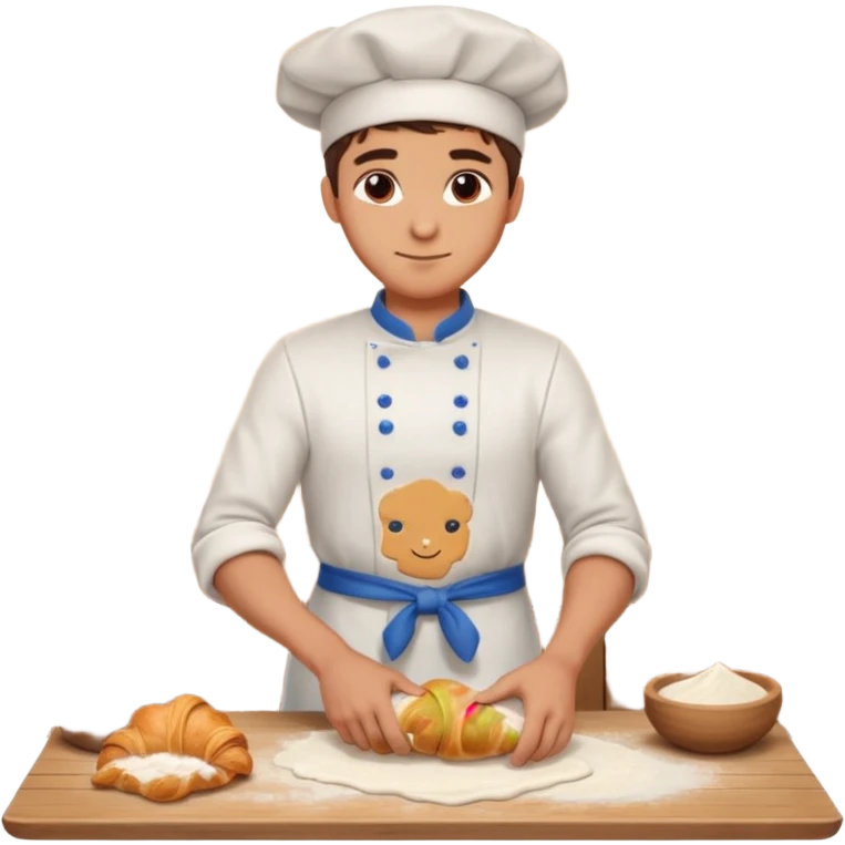 Young male baker – rolling croissant dough on a wooden table, flour on clothes

 emoji