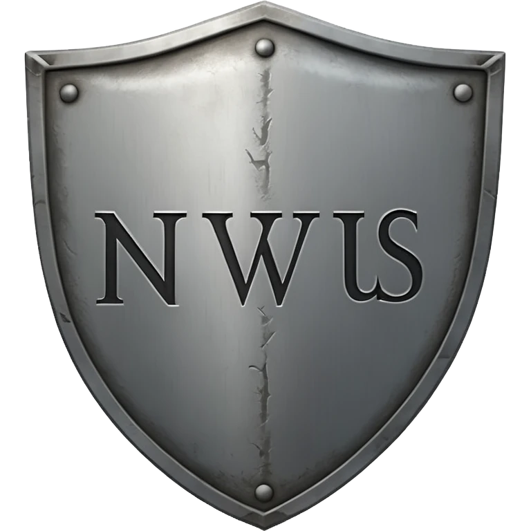 a steel shield with engraved roman letter NOVUS—looks battle worn emoji