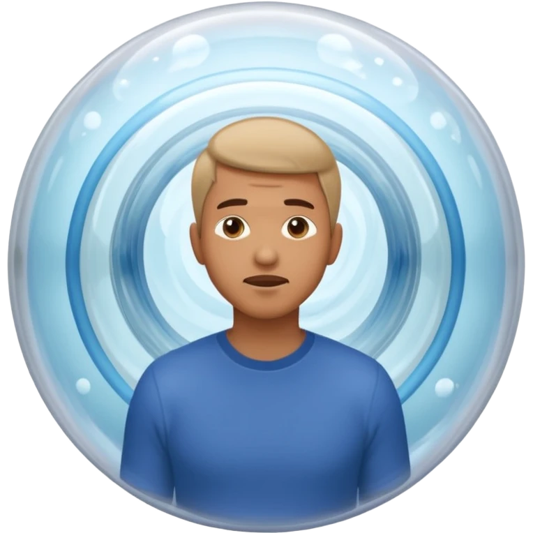 A man in simple casual clothes inside a transparent echo chamber bubble. Sound waves inside the bubble reflect back to him, showing only repeated versions of his own beliefs. Outside voices and symbols are muted or faded. Emoji-style render, soft lighting emoji