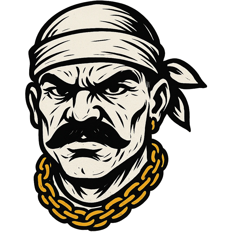 gangsta head with white skin, gold necklace, mustache, white headwear, bold and expressive style emoji