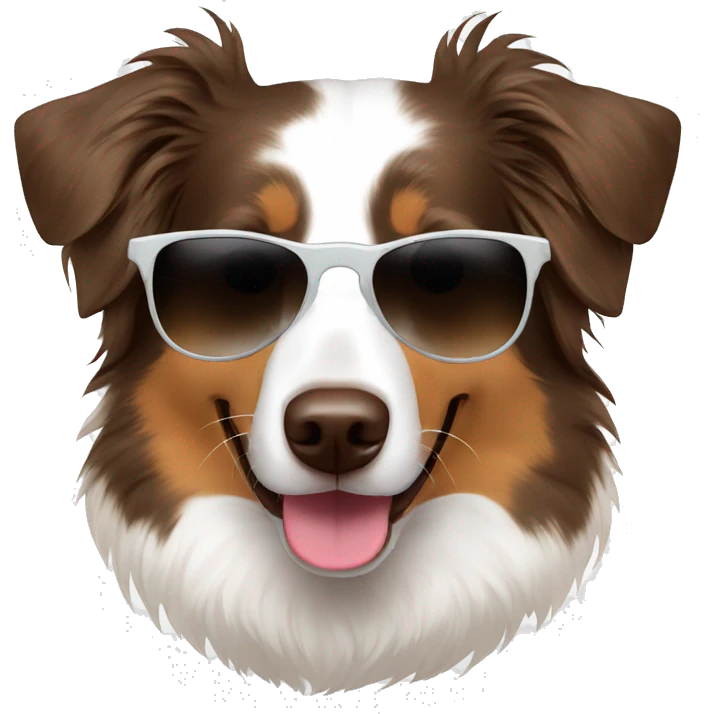White and brown Australian Shepherd with sunglasses emoji