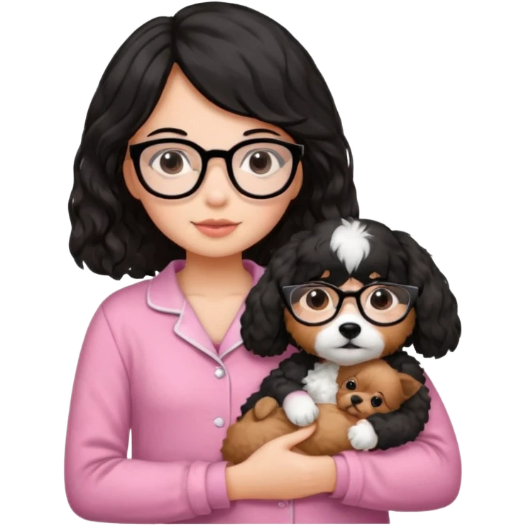 soft wavy black haired girl wearing black framed glasses in a pink pjs while holding her fluffy dog emoji