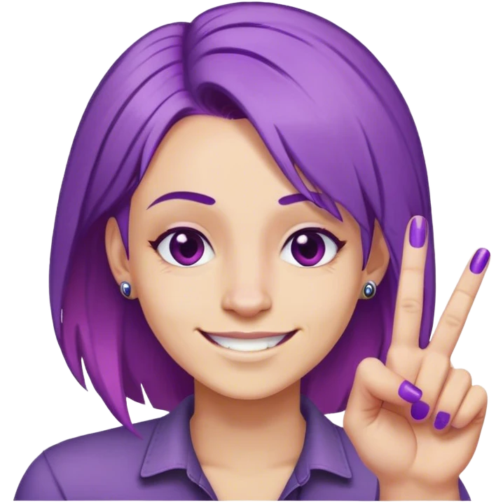 Grinned face, titled left, purple hair, middle fingers with fingernails painting emoji