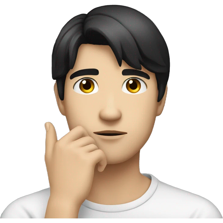 thinking with his hand on chin white young male with black hair without body just face and hand emoji