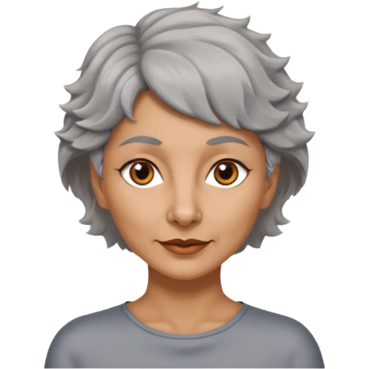 woman 50 years old, tanned skin, very short grey wavy wolf cut hair, brown eyes emoji