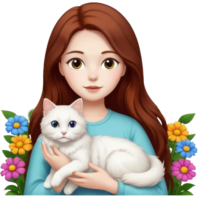 A woman with long dark auburn hair holding a white ragdoll cat in the garden of flowers emoji