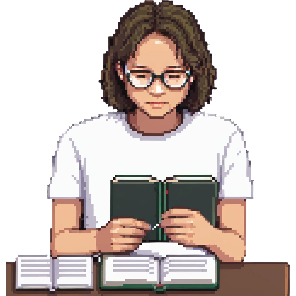 programmer with glasses, white t-shirt, sitting with a notebook emoji