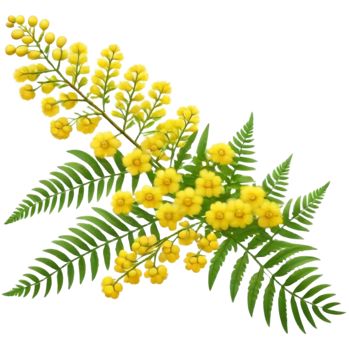 Cinematic Realistic Acacia Emoji, Bright and cheerful, with clusters of fluffy yellow flowers blooming along delicate branches. The wattle’s soft, fern-like leaves sway in the breeze, radiating a sense of warmth and joy. Soft glowing outline, capturing the essence of Australian sunshine, warmth, and beauty in a vibrant acacia tree! emoji