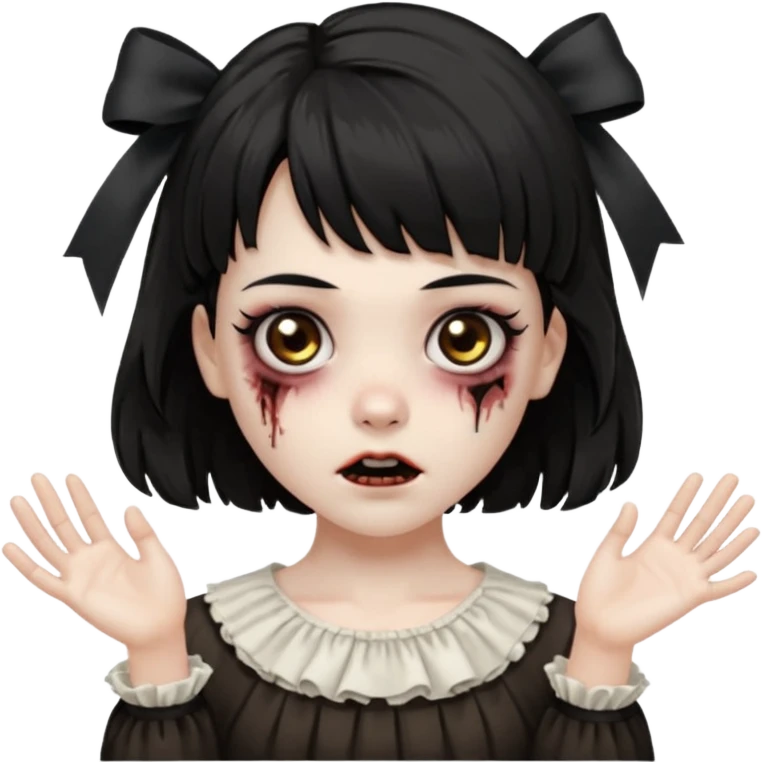 Cabelo ondulado  um pouco cheio e franja curta  Olhos marrons e pequenos e feita d ezumbi mais bonita com cabelo amarro na e com as mãos assim tipo assim🧟‍♀️ emoji