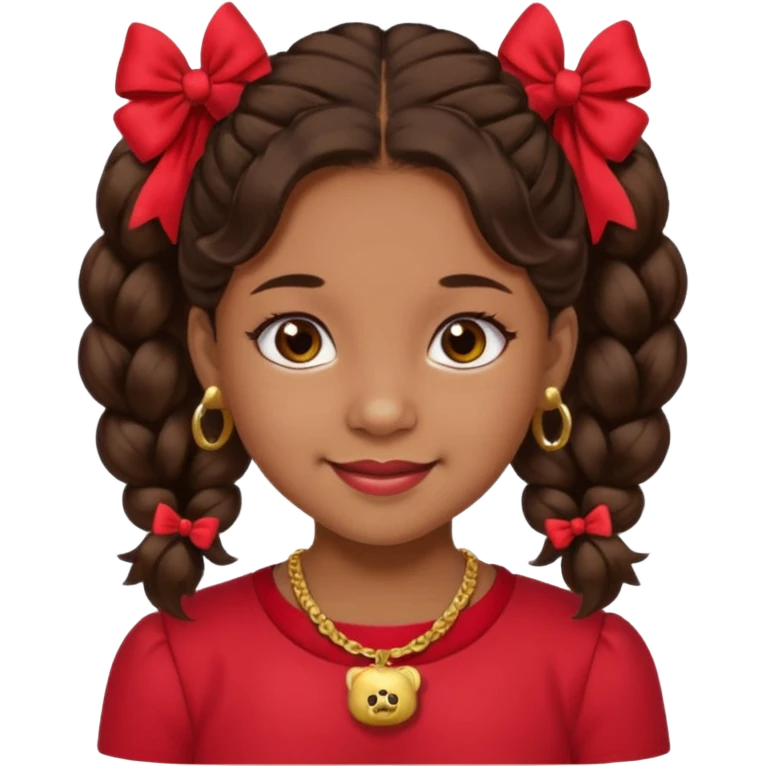 Brownskin girl dark brown hair fluffy. pigtails with red bows brown eyes smiling closed mouth red shirt gold esrrings gold necklace emoji