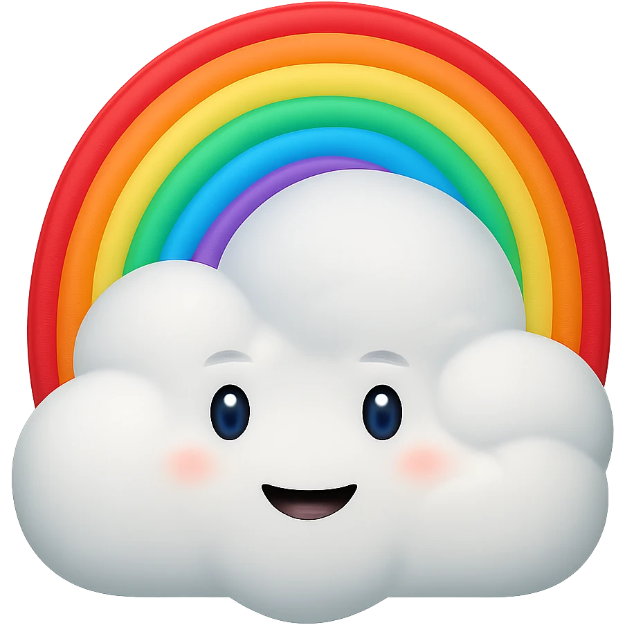 Add a bright, colorful rainbow arcing over the cloud in a Disney style, Apple emoji style. Keep the background transparent. emoji