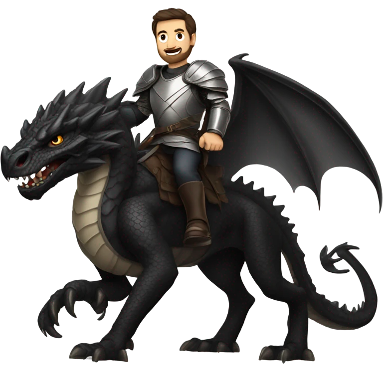 Confident armored White Man with dark brown hair and a short beard riding on the back of a giant black dragon emoji