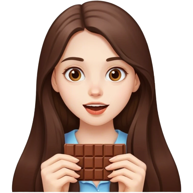 beautiful pale brunette girl with long hair eating a bar of chocolate  emoji
