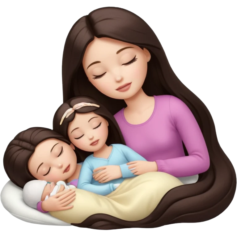 White Barbie girl dark brown long straight hair sleeping with white baby at cream bed emoji