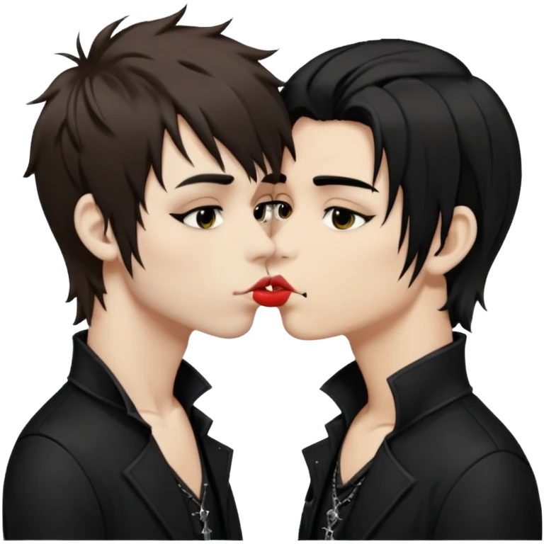 Goth Boys, one goth boy pale with shaggy brown hair and makeup, the other a goth boy tan with long black hair, kissing emoji