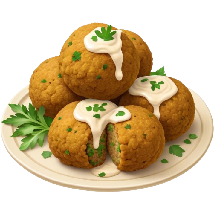 Cinematic Realistic Falafel Dish Emoji, depicted as crispy, golden falafel balls served with tahini sauce rendered with lifelike textures and vibrant, appetizing lighting. emoji