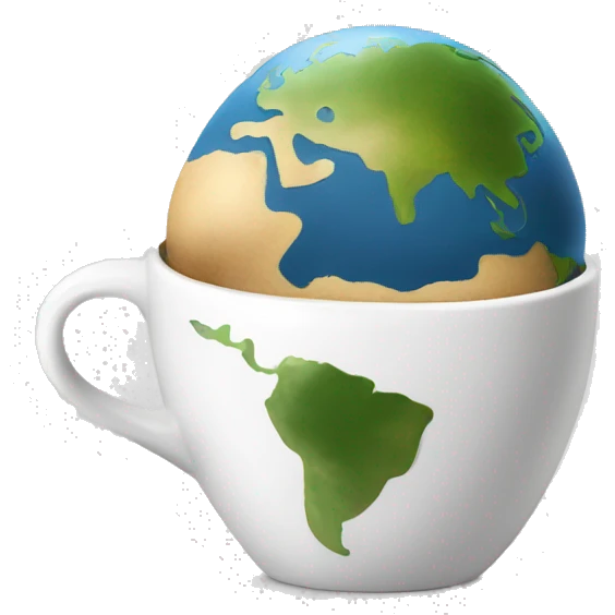 A small white coffee cup with a larger Earth inside, symbolizing global conversation emoji