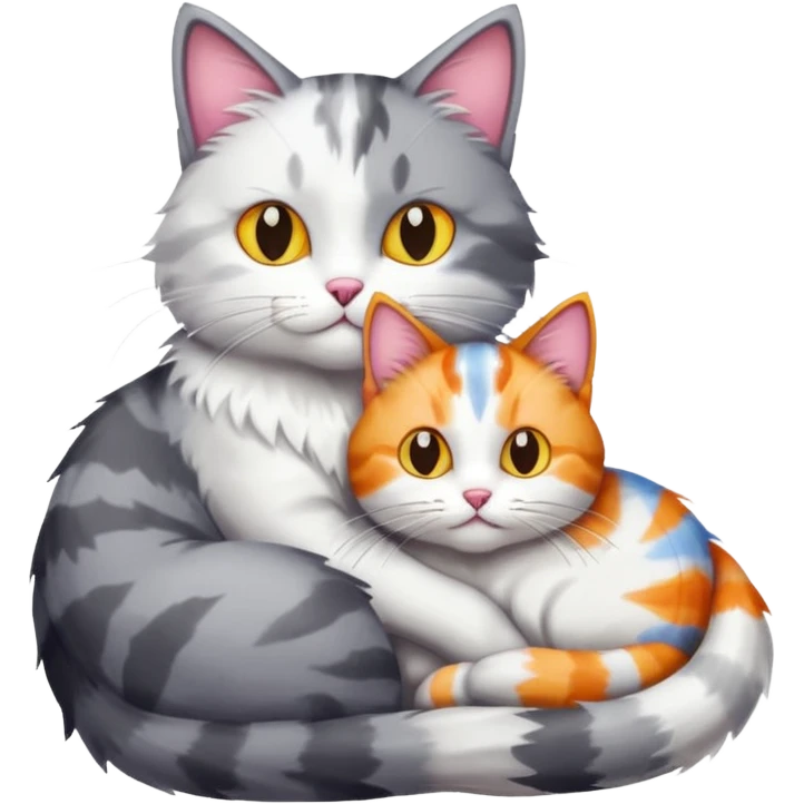 grey and white cat cuddling a colourful light patched calico + white tabby cat emoji