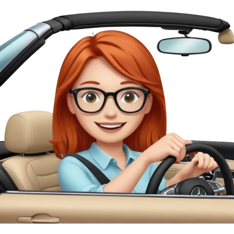 Red head girl smile with glasses driving fast in a Mercedes convertible emoji