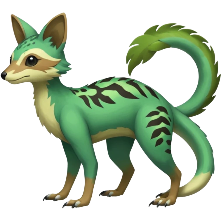  Greenish beautiful handsome gorgeous aesthetic colorful vibrant Vernid-Trico-species-Fakemon-creature by LiLaiRa, 4 legs, 1 tail, random markings, (full body) emoji