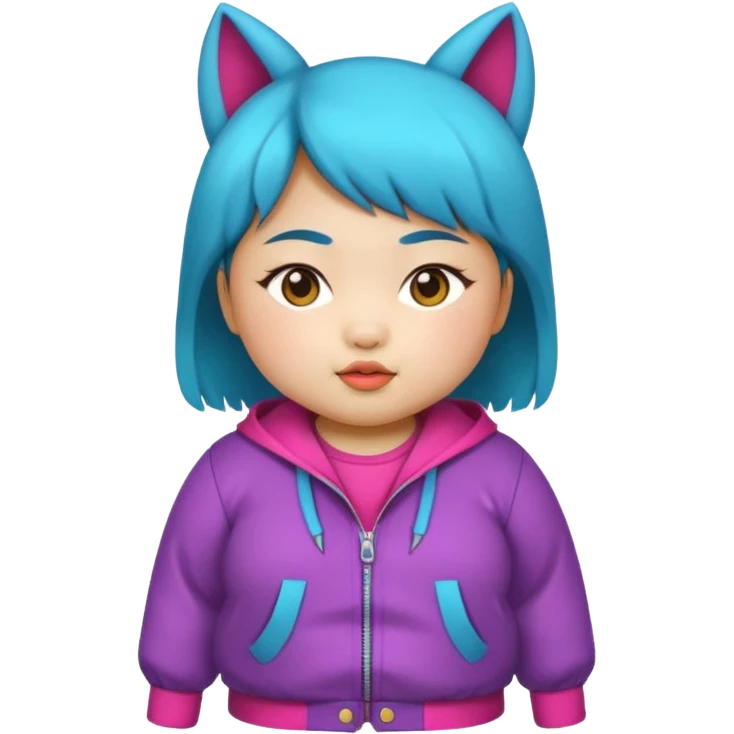 chubby Asian girl, wolf cut, baby face, age 15, colorful funky outfit emoji