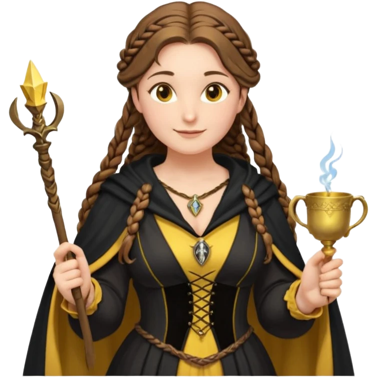 Helga Hufflepuff, brown-haired, 2 long brown braids, yellow-black medieval dress, deep neckline, black cloak decorated with gold braiding, small magic wand made of wood, tiny two-handled shiny yellow-gold cup, very kind smile, curvy busty sweet woman, macromastia, thick round rosy cheeks emoji