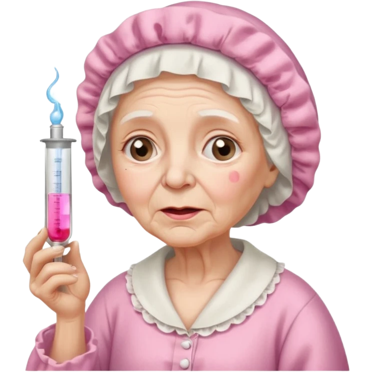sick old woman with glass thermometer on her mouth pink night gown, pink bonnet on her head emoji
