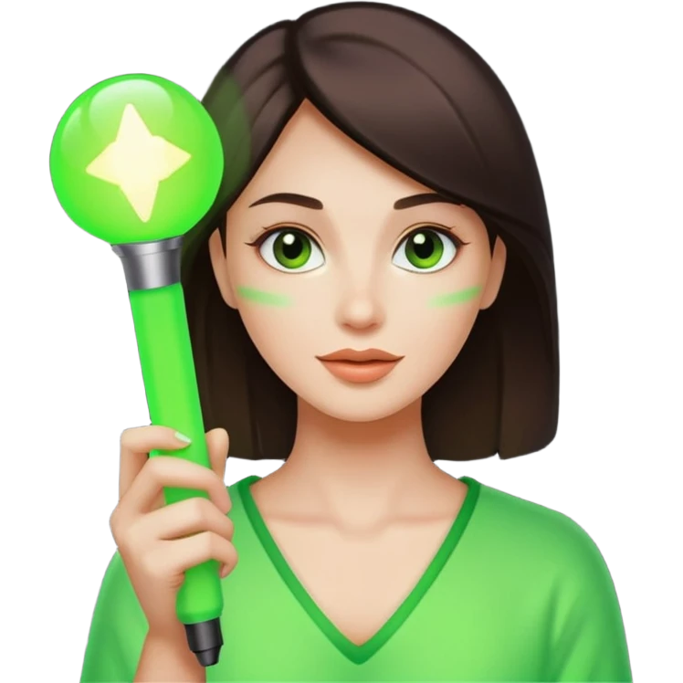 A pretty woman holding a green light stick emoji