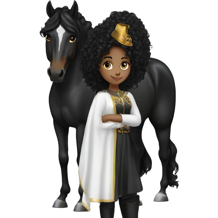  White Brazilian girl,  black curly hair, standing next to a black Arabian horse emoji