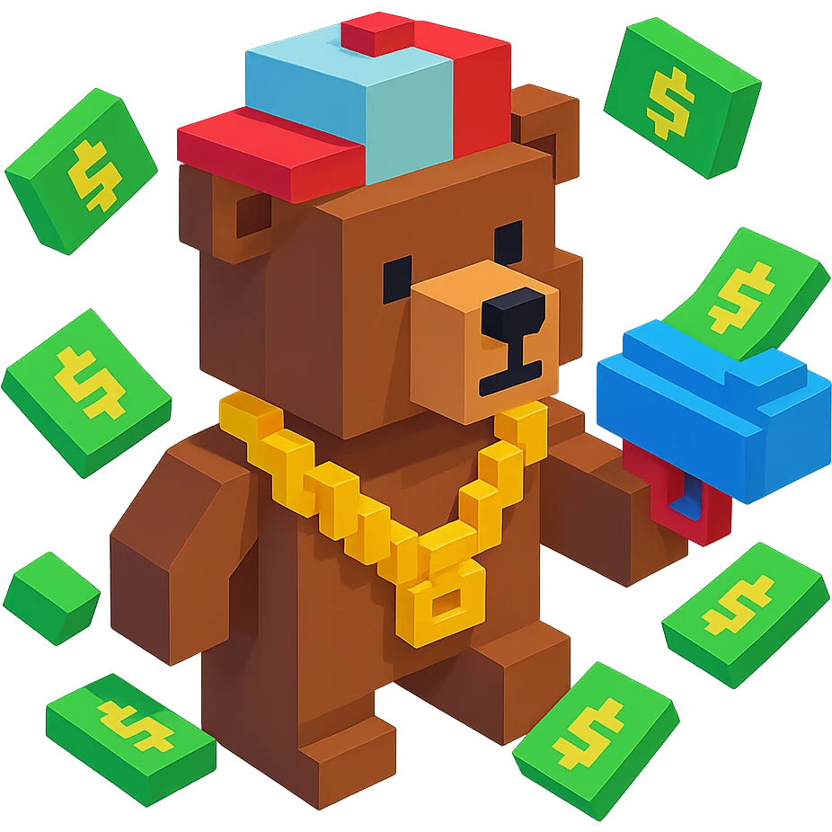 Russian grizzly bear with a rapper chain and a money gun, surrounded by dollar bills emoji