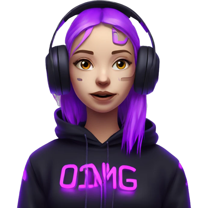 Russian girl wearing black hoody with violet letters "OMG", in vr headset. Cyberpunk style. Violet neon. emoji