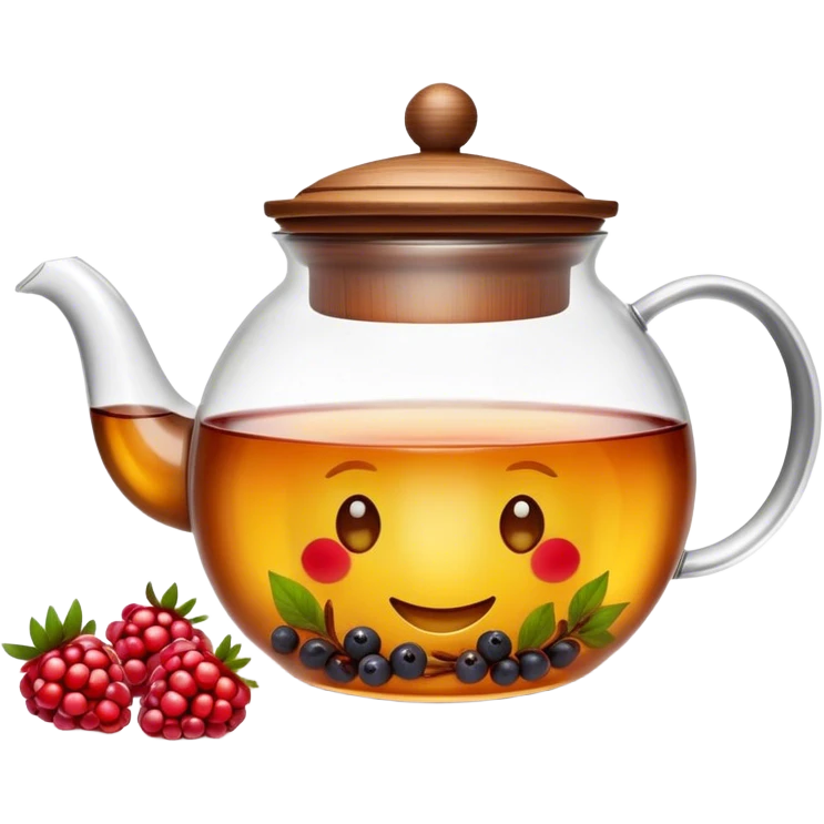 A cinematic realistic emoji with an attractive image of a transparent teapot with a realistic wooden lid filled with tea with berries, rich texture and warm, festive lighting. emoji