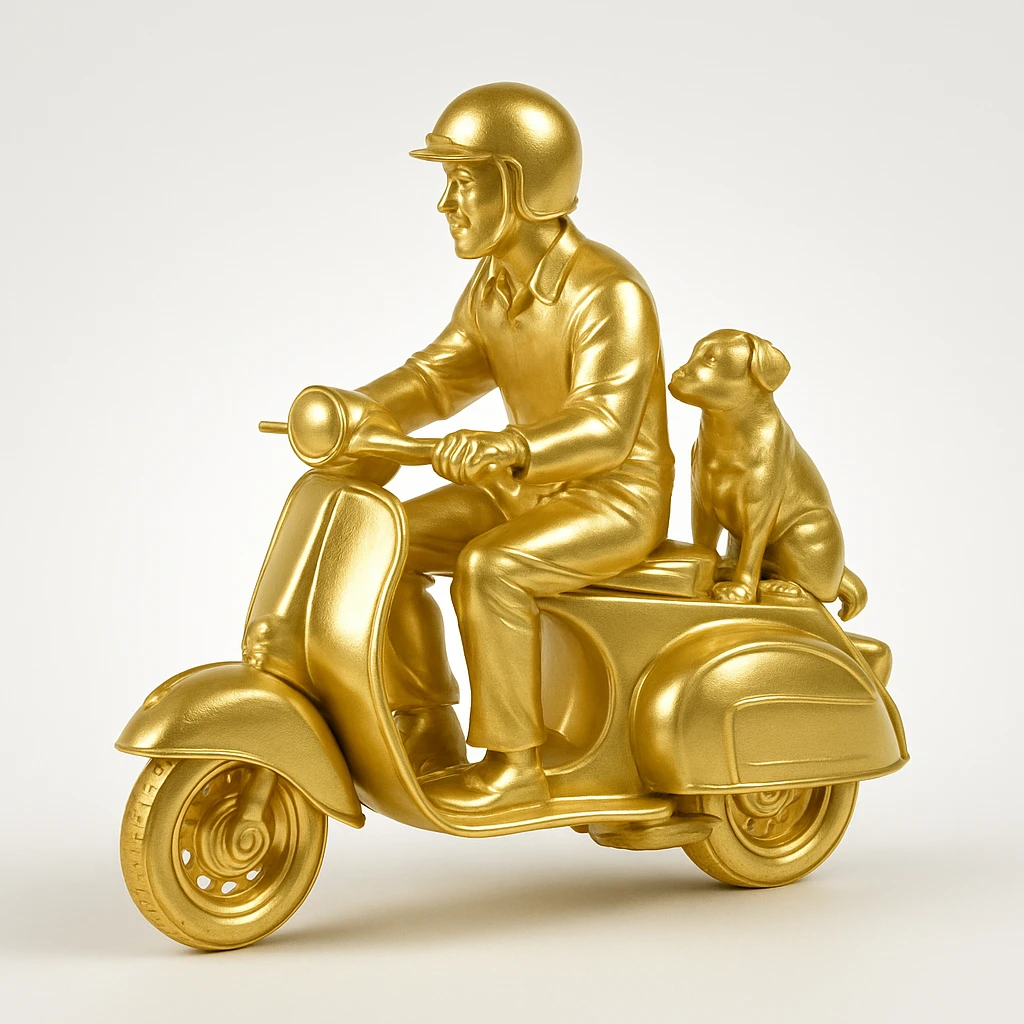 man and his pet dog riding a vespa emoji