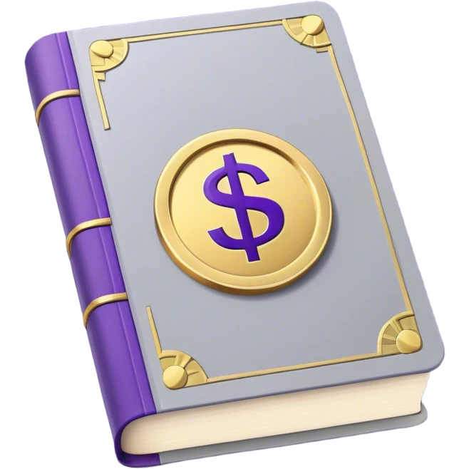 A gray book with royal purple details, gold lettering, and andollar sign, or split path on the cover, radiating financial wisdom, strategic wealth-building, and mindset transformation. emoji