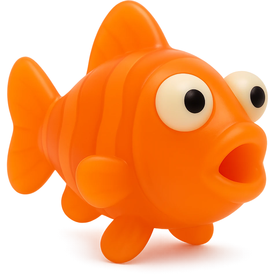 Transform this fish into a clownfish with a bright orange, semi-transparent, see-through plastic body in the same retro 90's toy style. Keep the derpy eyes, soft plastic, soft reflections, soft and squishy, some cloudiness, not shiny, highly detailed, appealing, no background. emoji