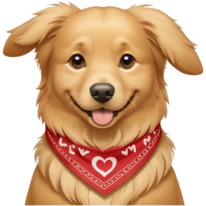 A very sweet, happy golden retriever with a bandanna that says I love my mom emoji