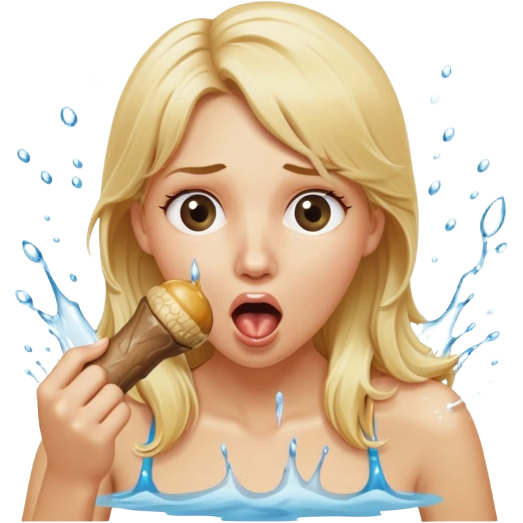 blond woman eating a wide stick with a round knob, both the stick and knob are the same color as her skin, the knob has visible skin texture, water stream squirting from the knob into her open mouth, surprised expression emoji