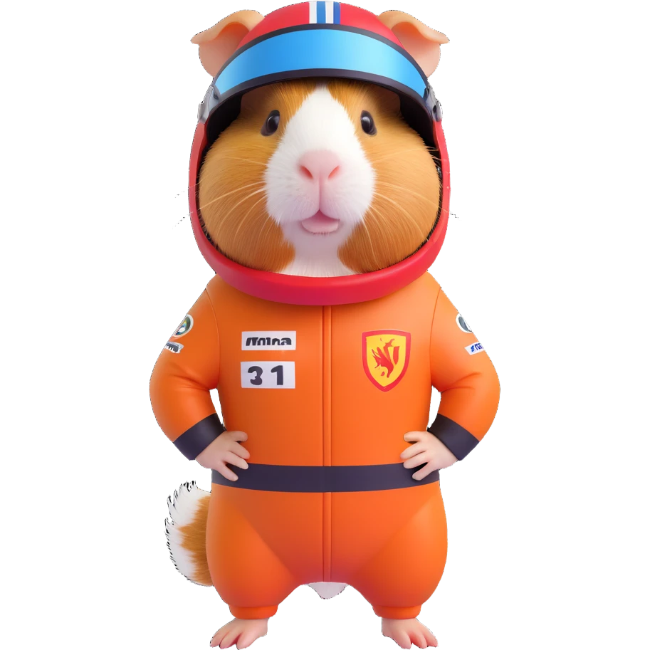 full-body guinea pig wearing a detailed, cute Formula 1 racing suit and helmet, standing pose emoji