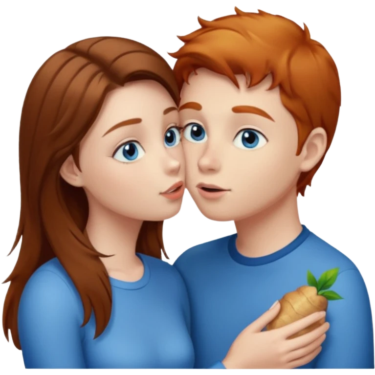 Girl with straight brown hair kissing ginger boy. Both have blue eyes  emoji