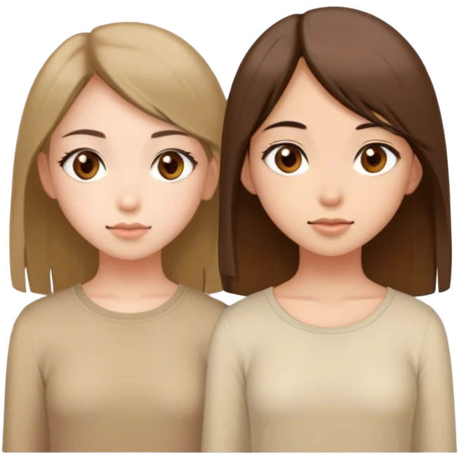 two girls with the same colour of hair - brown, the same length of hair - middle, the same type of hair - straight, the first girl with fair complexion, the second with oriental complexion, the same colour of eyes - hazel. they wear the same beige tops.  emoji