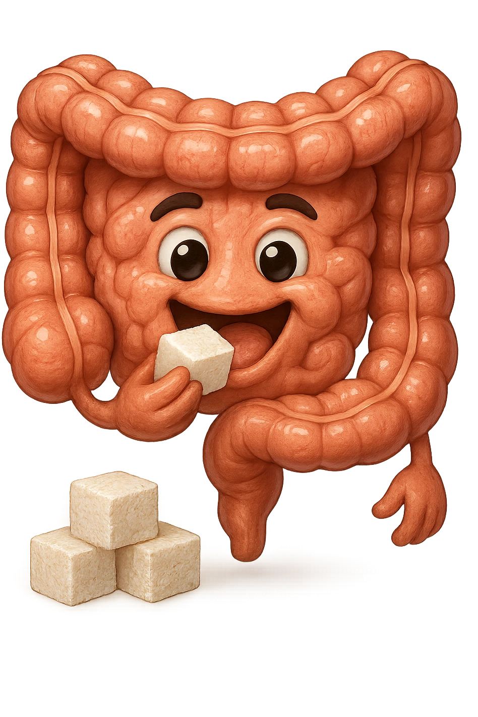 emoji stile iphone di un intestino anatomico che mangia zollette di zucchero, iperrealistico 4k, isolato su sfondo bianco emoji