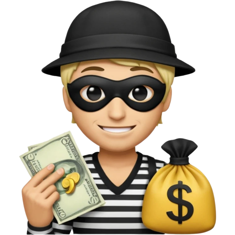 a short ios emoji-style portrait of a classic burglar, a black eye mask and a black-and-white striped shirt. emoji-like hair, black hat, a bag of money 💰 with a dollar sign in a right corner, evil expression  emoji