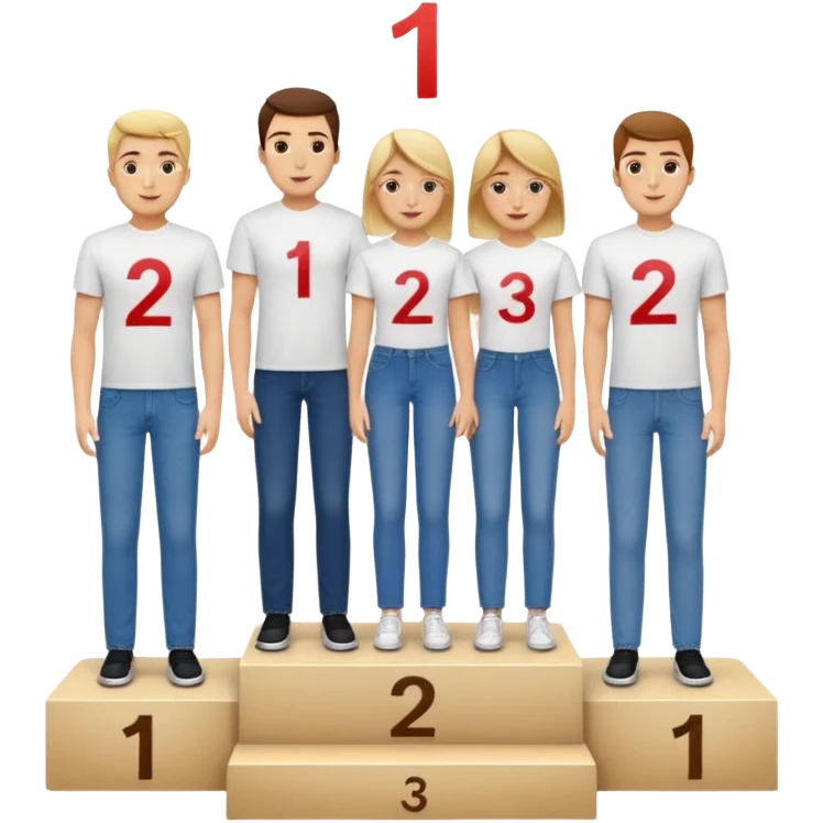 show people on podium in first, second and third place.  The podium should be labled 2, 1, 3.  The middle position should only have the number 1.  the people should be dressed in relaxed clothes like jeans and t-shirts emoji